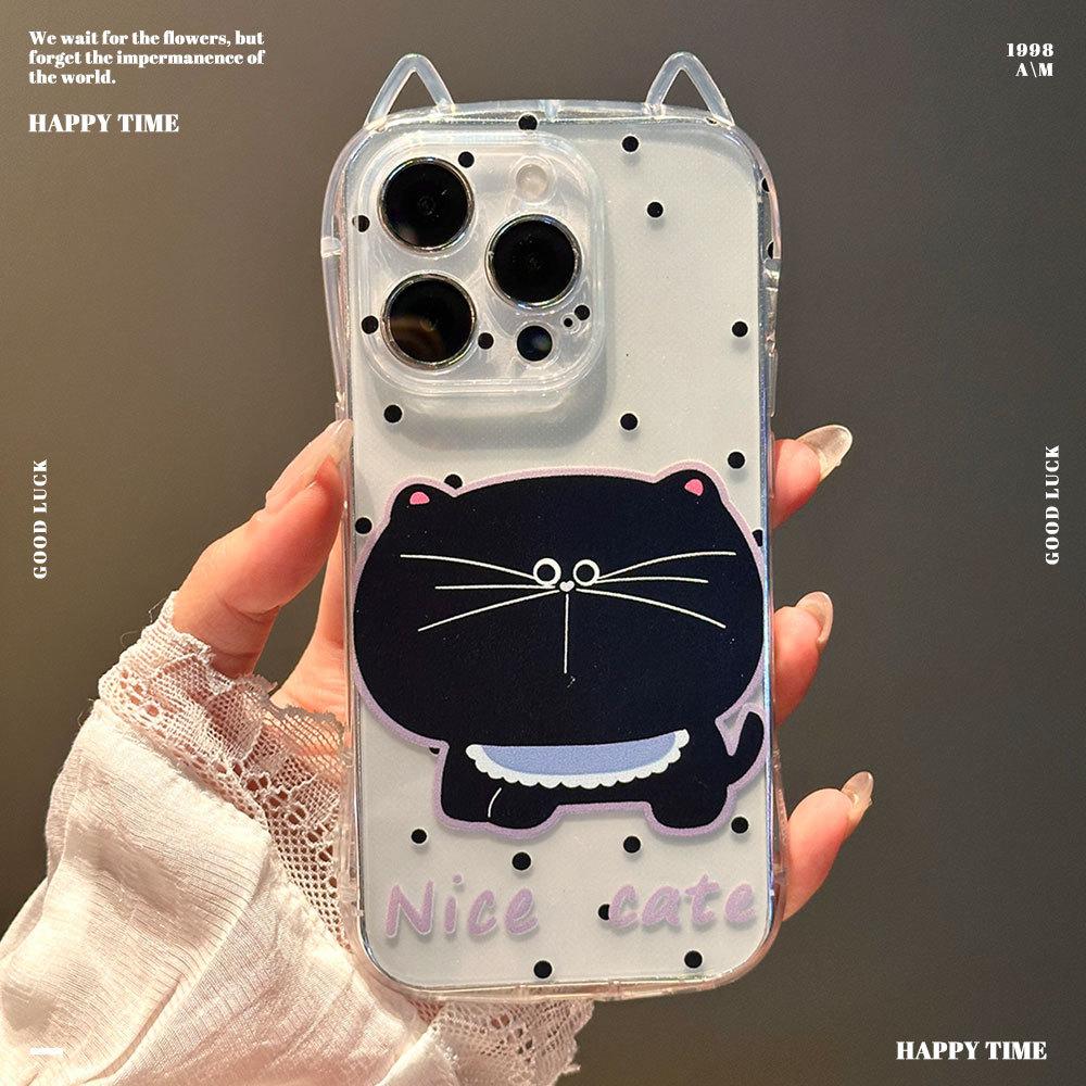 Applicable To IPhone16 Transparent Cute Black Cat Mobile Phone Case Apple 13pro Cartoon Kitten Bracelet Protection Case