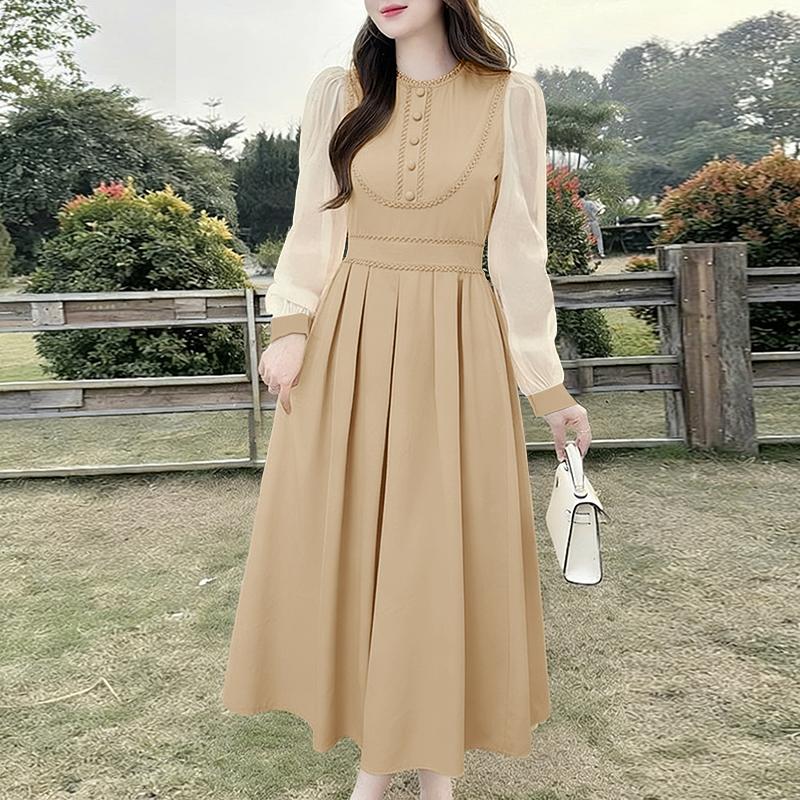 ZANZEA Women Casual Round Neck Mesh Splice Long Sleeve Dress