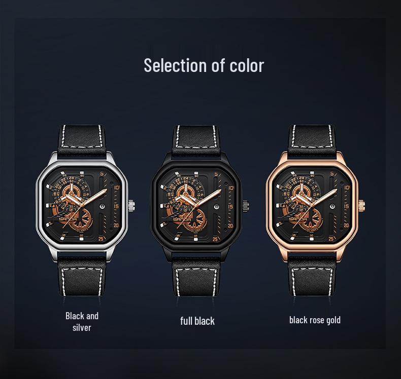 Sanda Men's Alloy Square Watch with Calendar, 30m Waterproof, Leather Strap, Luminous Quartz.