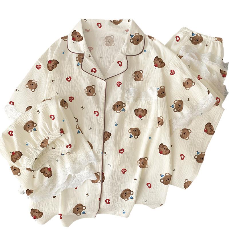 Cloud Cotton Pajamas Women'S Summer Sweet Lace Edge Short-Sleeved Cartoon Party Bear Loungewear Three-Piece Set