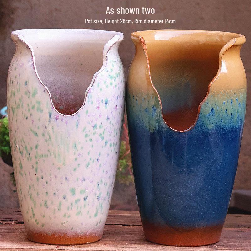 Handmade Coarse Pottery Wide-Mouth Flower Pot - Ceramic Zisha Succulent Planter with Rustic Cut-Edge Design for Chlorophytum
