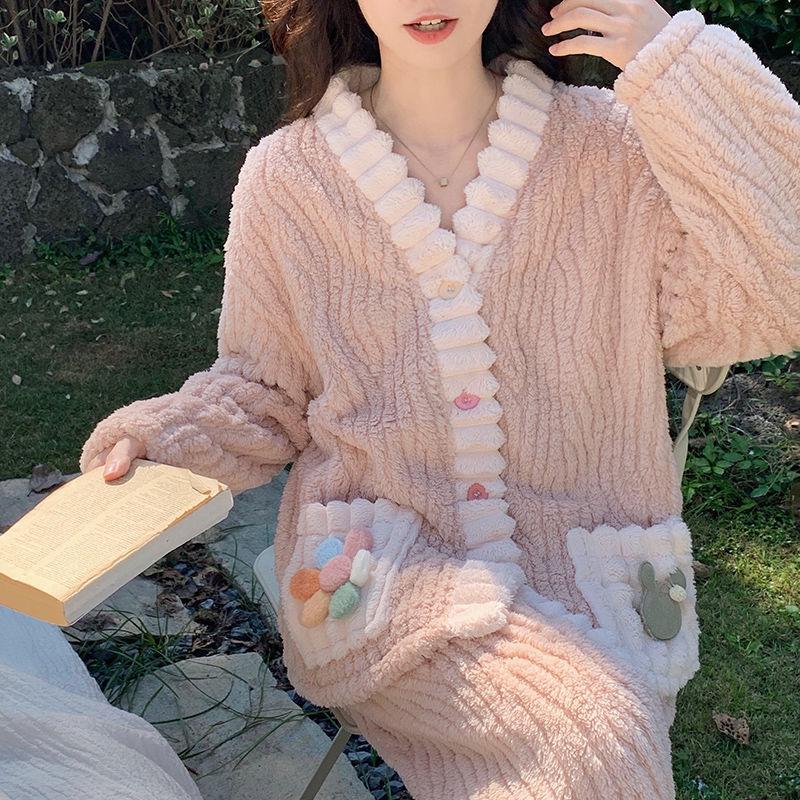 Women's Rainbow Pajama Set: Warm Flannel Bathrobe & Sweet Button Casual Homewear for Autumn/Winter, Suitable for Outdoors