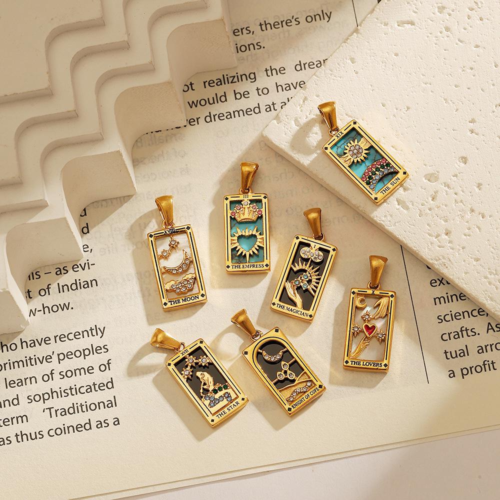 18k Gold Electroplated Stainless Steel Tarot Card Pendant - European & American Style, High-End Waterproof Design for Women