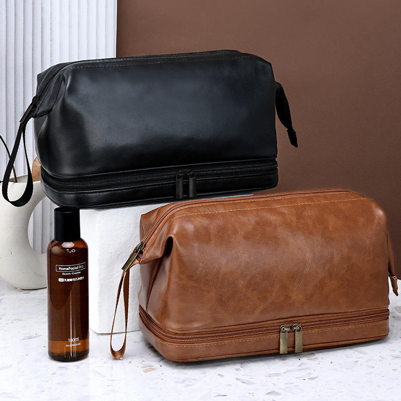 Double-Layered Toiletry Bag for Men Dad Husband Lightweight Leather Travel Shaving Kit Organizer Cosmetic Zipper Pouch