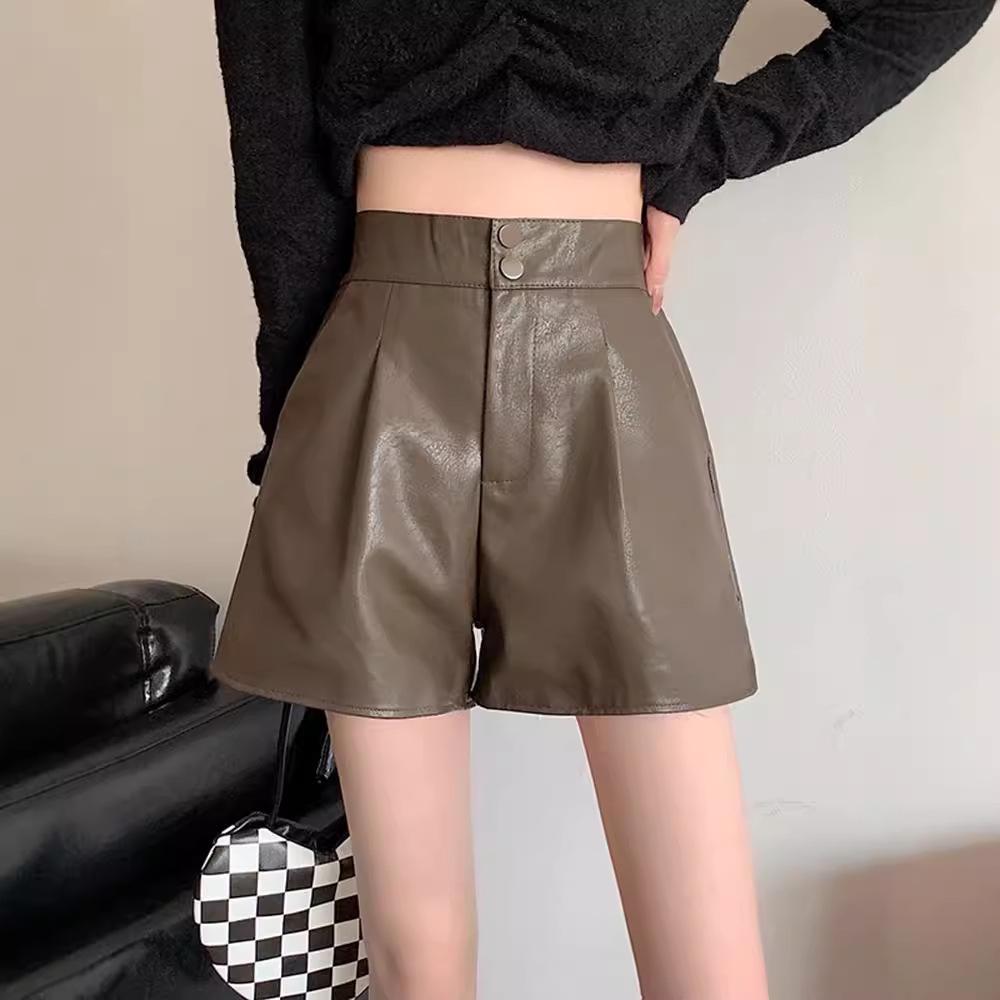 Kaffeefarbene PU-Leder High-Waist A-Linien-Shorts für Damen - Herbst/Winter Lässig Lockerer Schnitt, Hot Girl Stil, Bootcut-Hosen, Maillard-inspiriert.