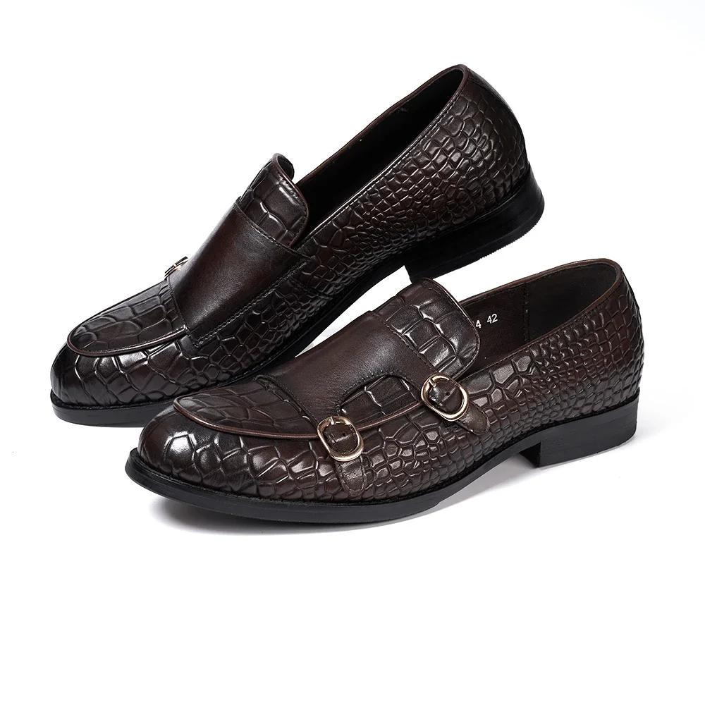 Fashion Men's Luxury Genuine Leather Loafers Double Buckle Monk Strap Slip-On Casual Shoes Crocodile Pattern Wedding Dress Occasions