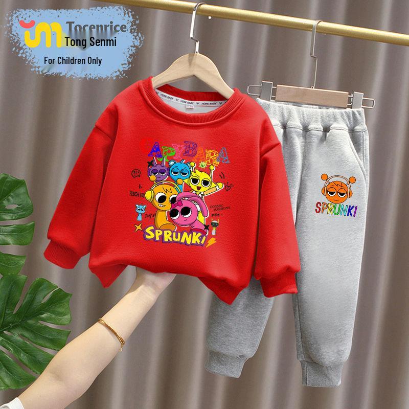 Sprunki Rhythm Box Kids' Plus Velvet Hoodie Set, Unisex, Warm Two-Piece for Autumn/Winter