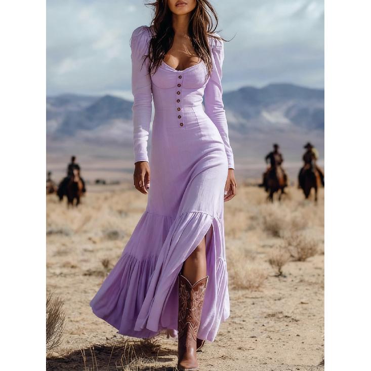 2026 New Women's Vintage Western Style Long Dress with Buttons, Ruched Long Sleeves, Sexy Dress