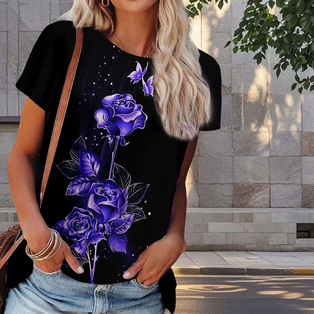 Damski Letni T-shirt z Nadrukiem Róży Retro Moda Krótki Rękaw Koszulki Casualowe Drukowane Topy