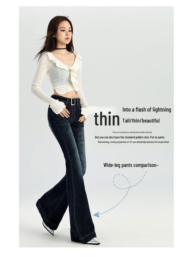 Women's Stretchy Blue-Gray Retro Micro-Flare Jeans with Belt