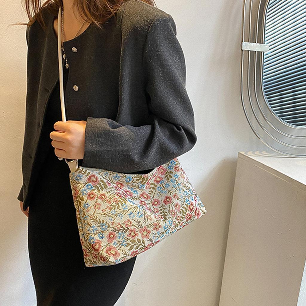 Damen Koreanische Mode Schulterhandtasche Vintage Ethnisch Bunte Blume Achseltasche Umhängetasche mit Verstellbarem Riemen