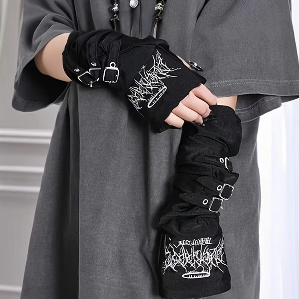 Maniche Braccia con Fibbia Metallica alla Moda Y2K Giapponesi a Mezza Dita Harajuku Dark Punk Guanti Decorativi Donna