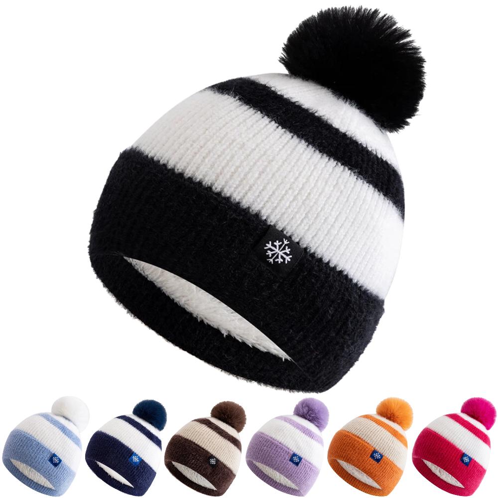 New Style Snow Label Beanie Hat Color Blocked Style Plush Fur Lined Pompoms Warm Winter Hat Fashion Y2k Beanie For Woman Girl