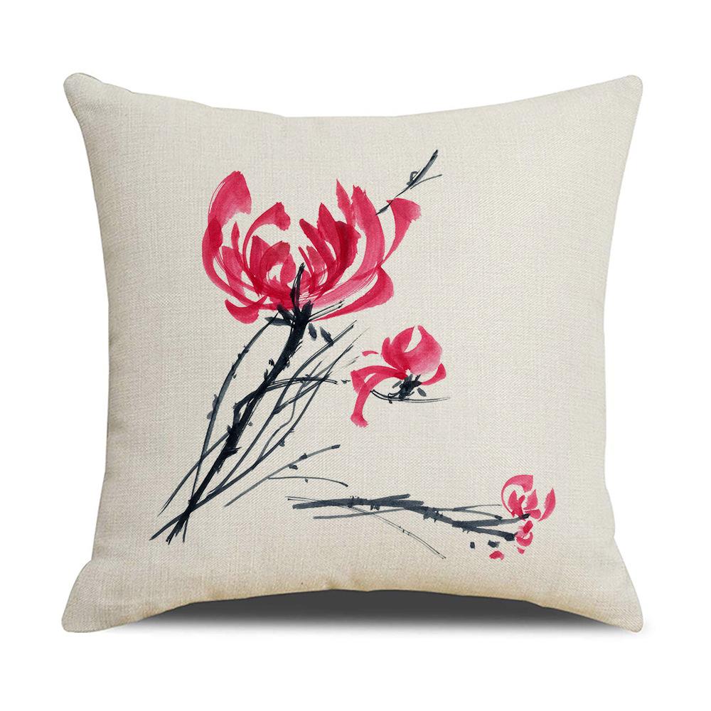 Chinese Style Series Ink Flower and Grass Print Pillow Linen Print New Chinese Style Home Sofa Pillow Living Room Bedroom