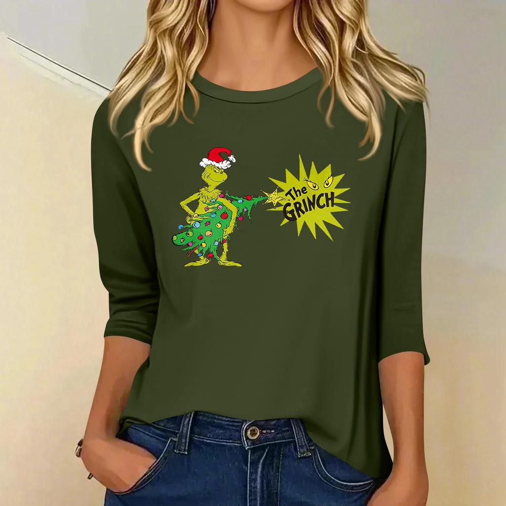 3/4 Sleeve Tops For Women T-Shirt Casual Christmas Print Tops T Shirt Round Neck Pullover Blouse