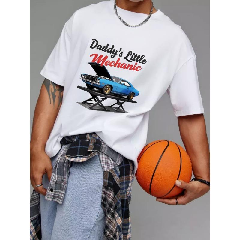 Daddy's Little Mechanic T Shirt White Classic Car On Lift Graphic For Car Enthusiasts And Auto Repair Fans