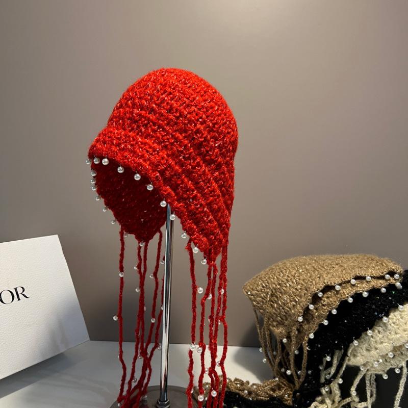 Hollow Pearl Tassel Sequined Bag Head Hat Women's Autumn and Winter Warm Knitted Wool Hat Retro Face Small Pullover Hat