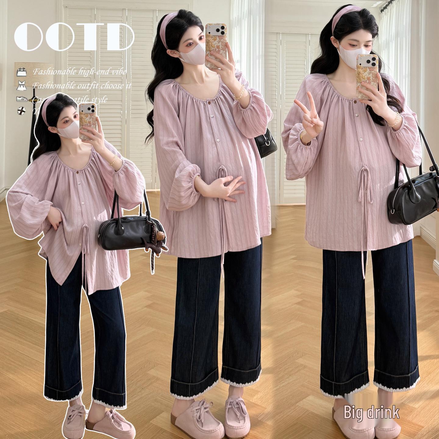 2026 Spring Vertical Stripe Long-Sleeve Maternity Top XL