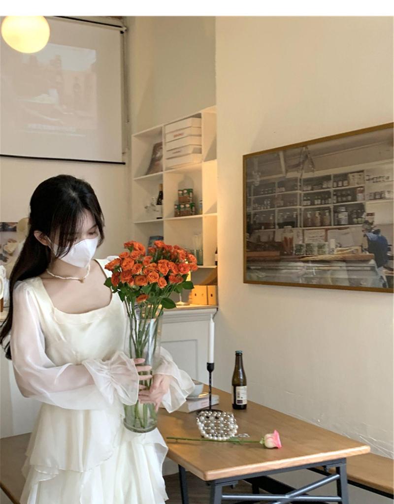 White French Ruffle Long Sleeve Dress: Waist-Defining Fairy Style for Seaside Vacations