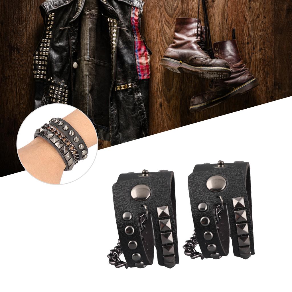 2Pcs Punk Wristband Vintage Multi‑Layer Rivet Motorcycle Faux Leather Cuff Bracelets