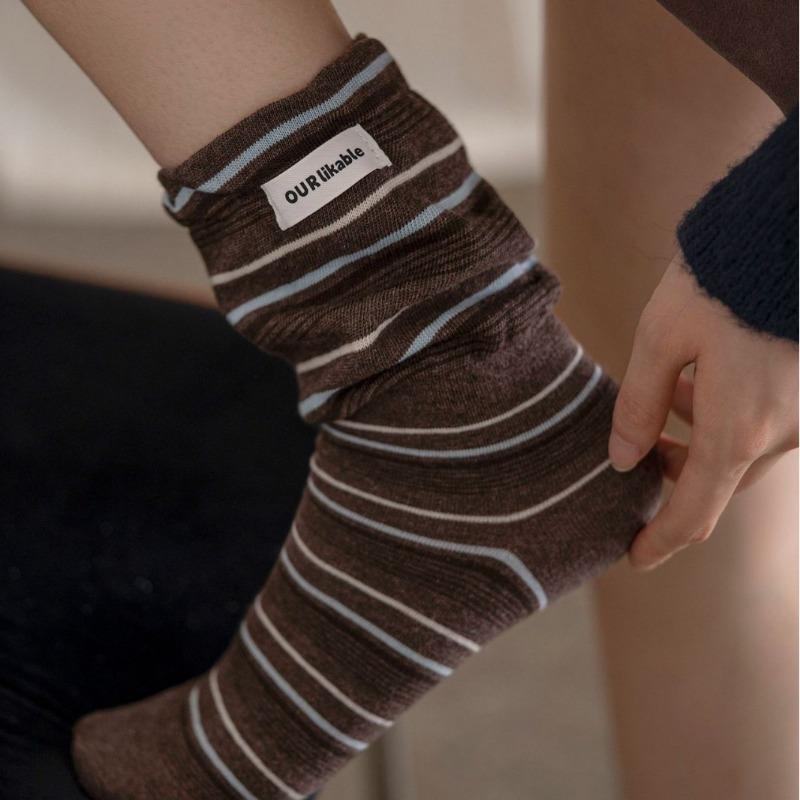 Women's Autumn and Winter Color Striped Cloth Logo Flared False Two Pieces of Cylinder Stack Socks