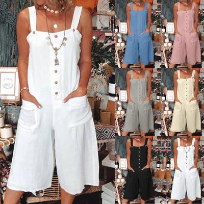 Damski swobodny kombinezon bez rękawów, z szerokimi nogawkami i luźnymi guzikami, szeroki kombinezon capris z kieszeniami