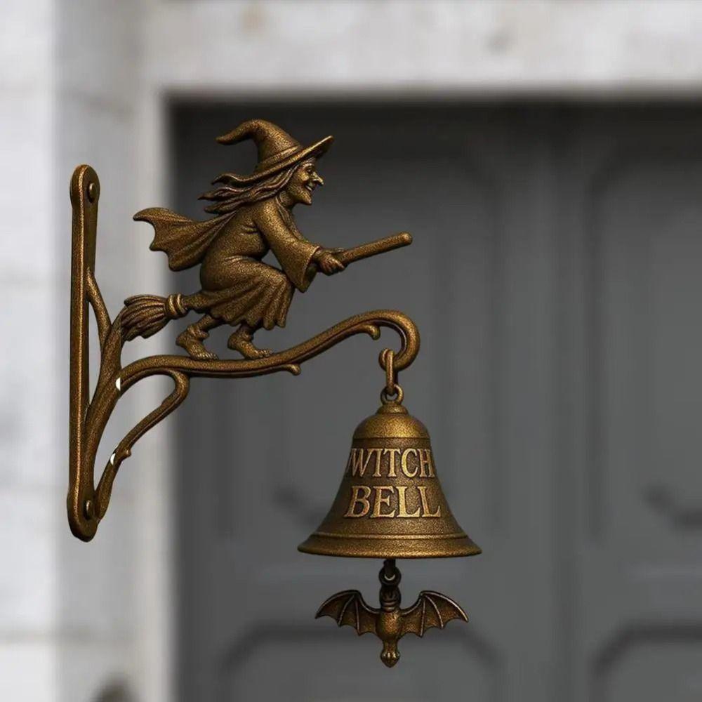 Wall Mount Witch Doorbell Witch on Broom Design Decorative Accessory Cast Iron Door Hanger Bell Outdoor Decorative Bell