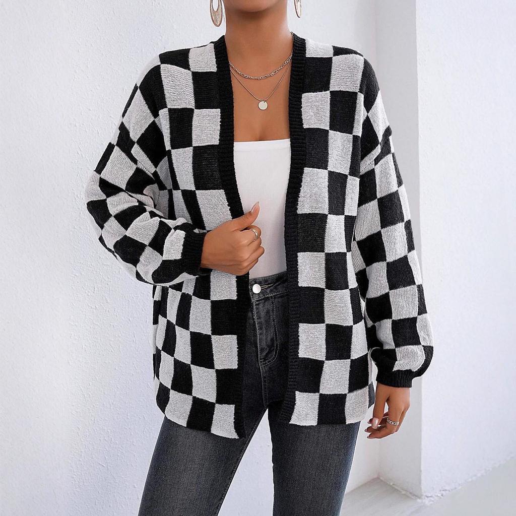 Spring and Autumn New Women's Cardigan Sweater Thick Checkerboard Casual Sweater Jacket