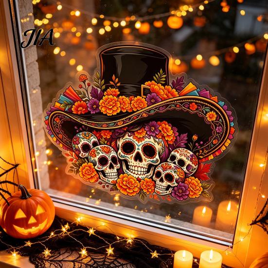 Traditional Mexican Theme Decor Day of The Dead Window Clings, Halloween Top Hat Skull Static Sticker, Waterproof PVC Film Colorful Flower Pattern