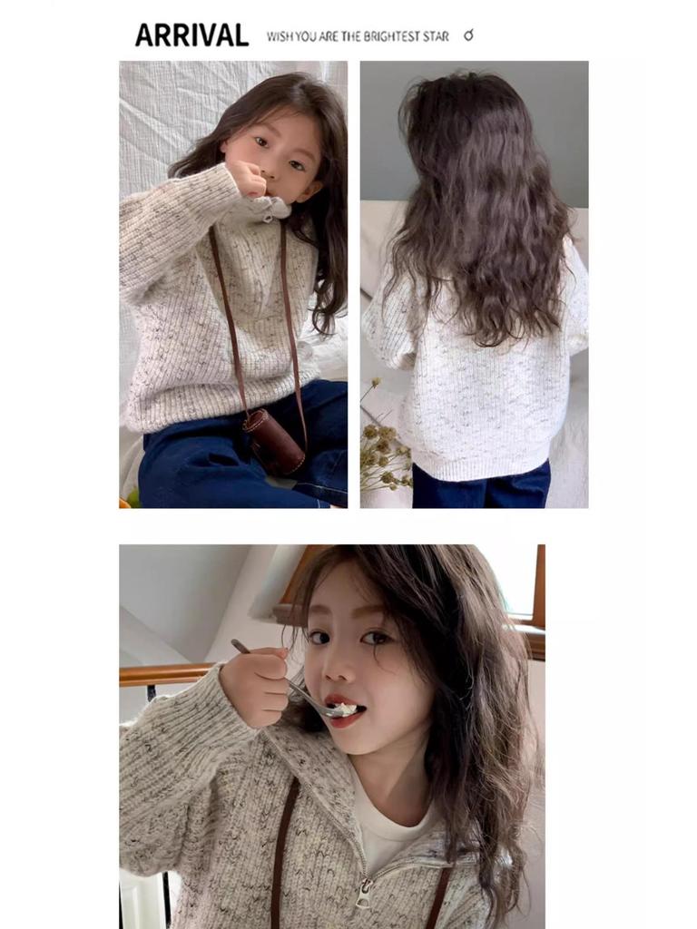 2025 Girls' Autumn/Winter Korean-Style Zippered Knit Sweater Coat