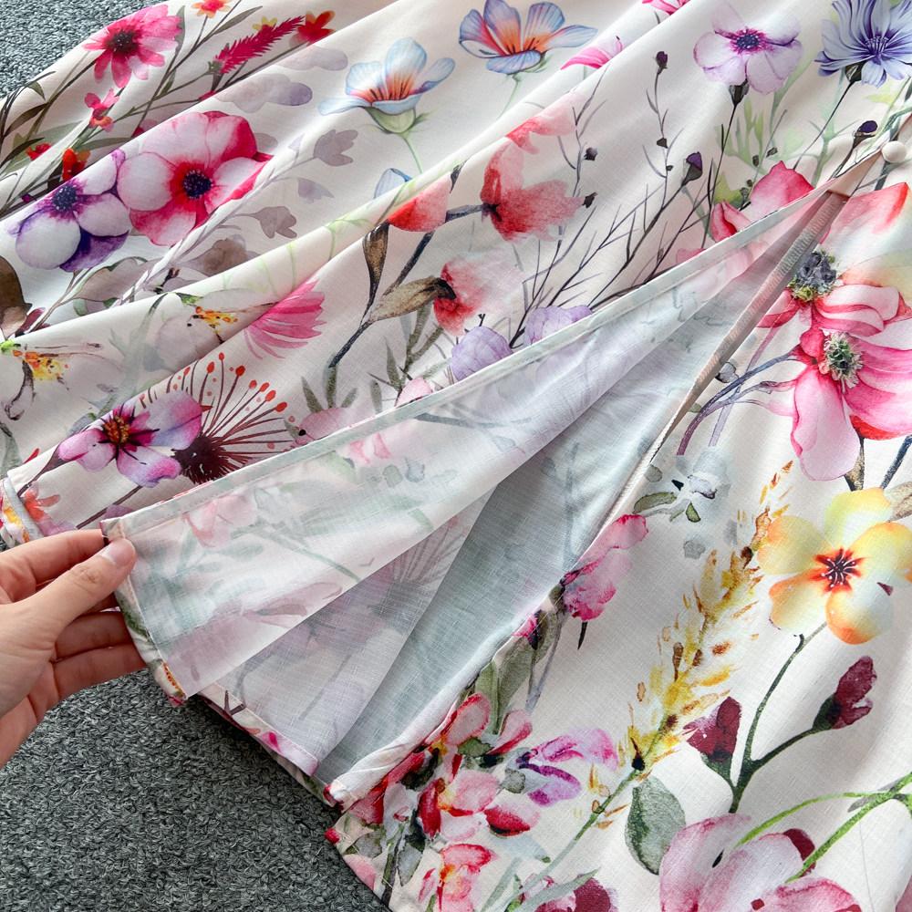 Spring Summer Fashion Vintage Flower Maxi Dress Women's Stand Collar Long Lantern Sleeve Single Breasted Floral Print Belt Slim Boho Dress