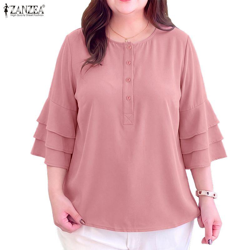 ZANZEA Lässige Bluse mit Rundhalsausschnitt und 3/4-Ärmeln für Damen