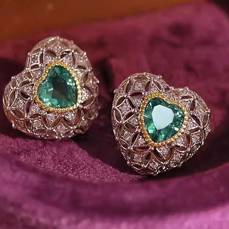 

Huitan Sweet Lady Heart Stud Earrings Hollow Out Design Inlaid Green Shiny CZ Romentic Wedding Engagement Accessories Jewelry