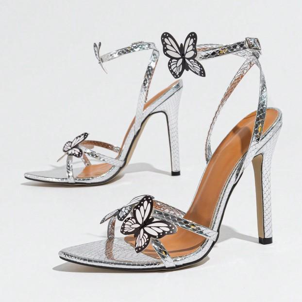 Ladies Pointed Butterfly Decorative Cross One-Word Strap Ankle Strap Stiletto Sandals Silver Heels