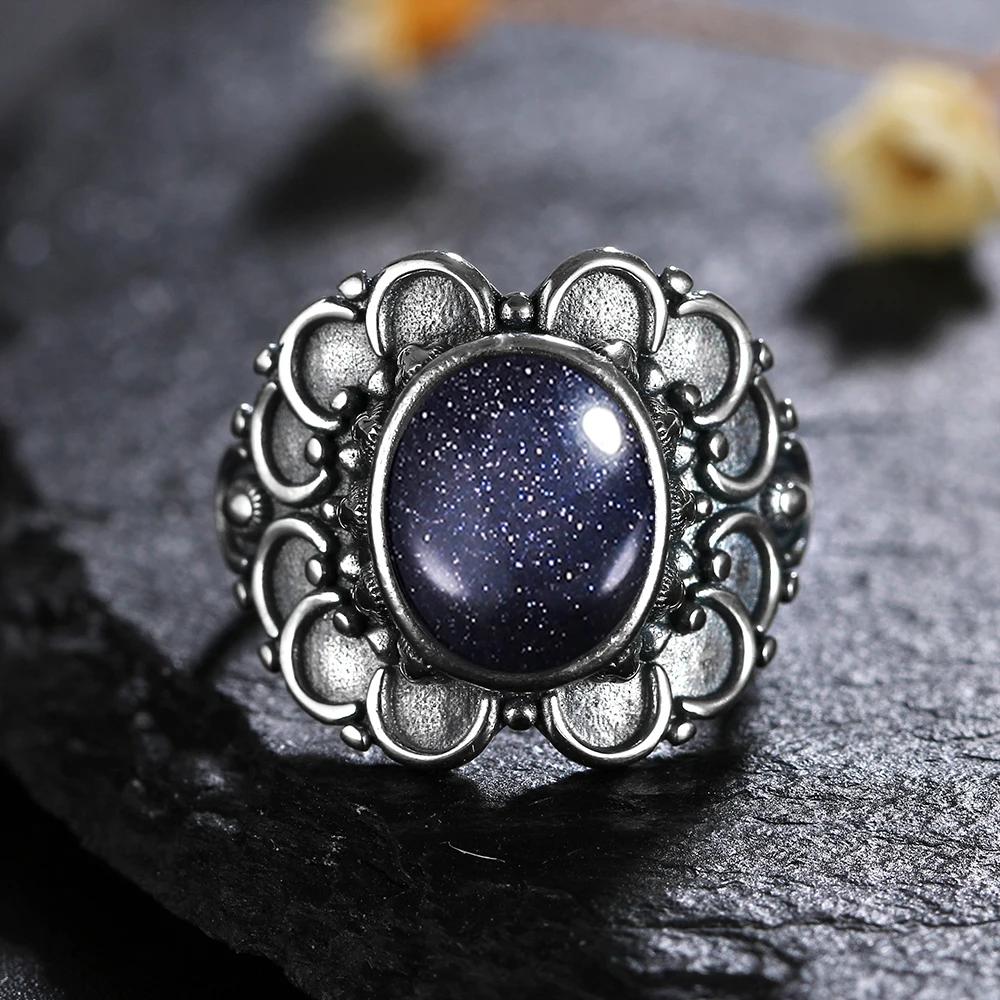 Natural 8*10MM Lapis Lazuli Finger Ring  Rings for Women Gift S Silver Flower Shaped Ring