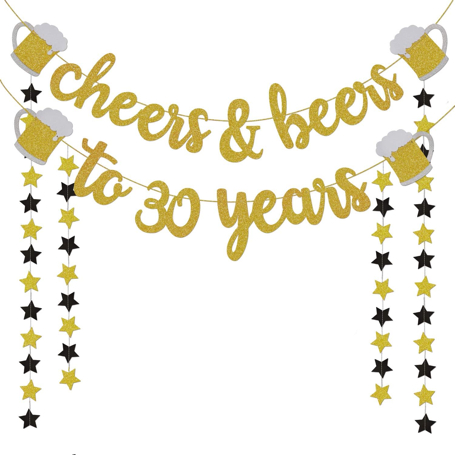 Cheers & Beers to 30 Years Gold Glitter Banner - 30th Birthday Decorations for Him/Her - 30th Birthday Gifts - 30 Years Anniversary Decorations -