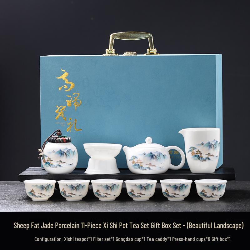 Luxury Jade White Porcelain Kung Fu Tea Set for Home or Office