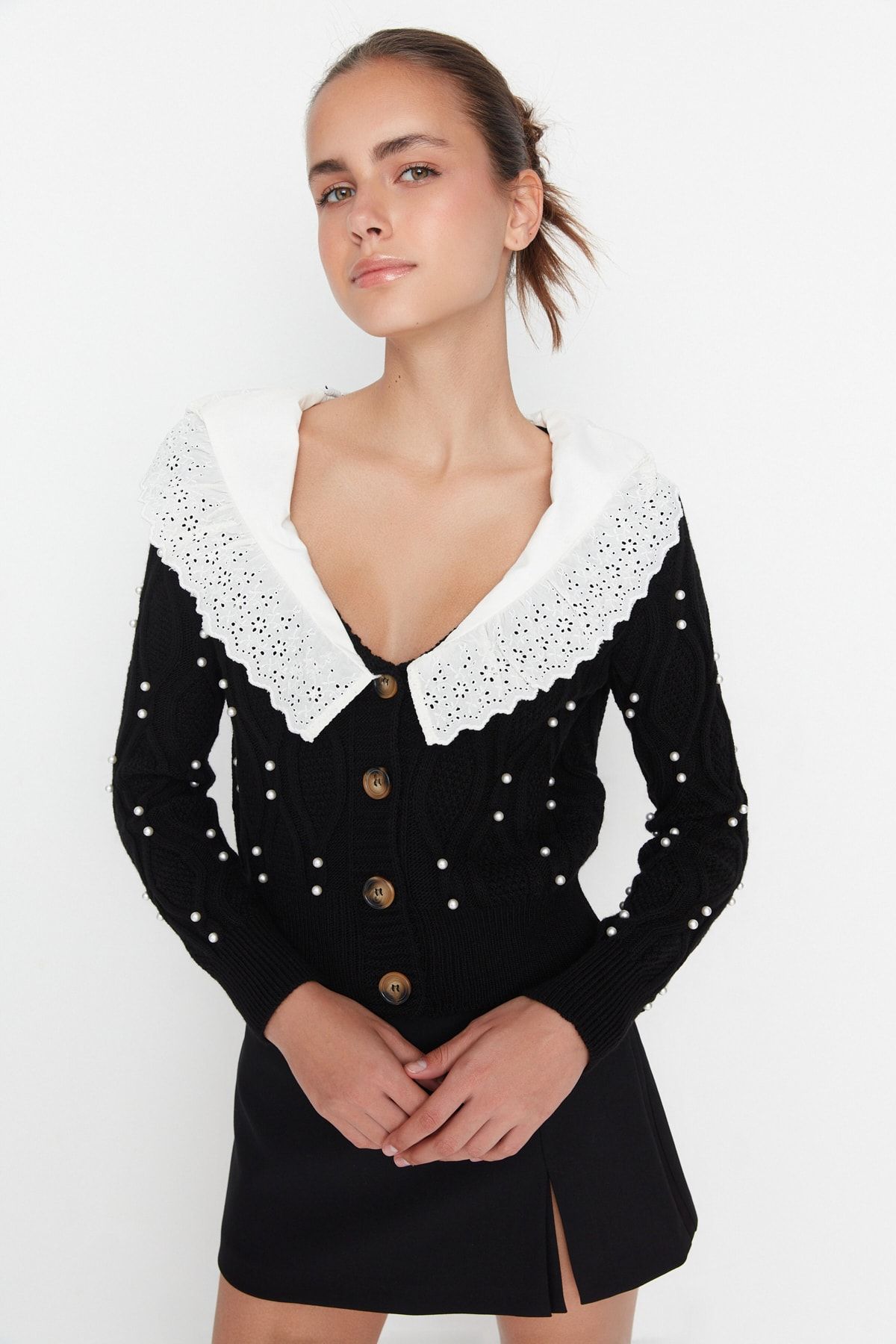 

Women s Elegance Style Cardigan Black Shirt Garni Collar Detailed Knitwear Cardigan L