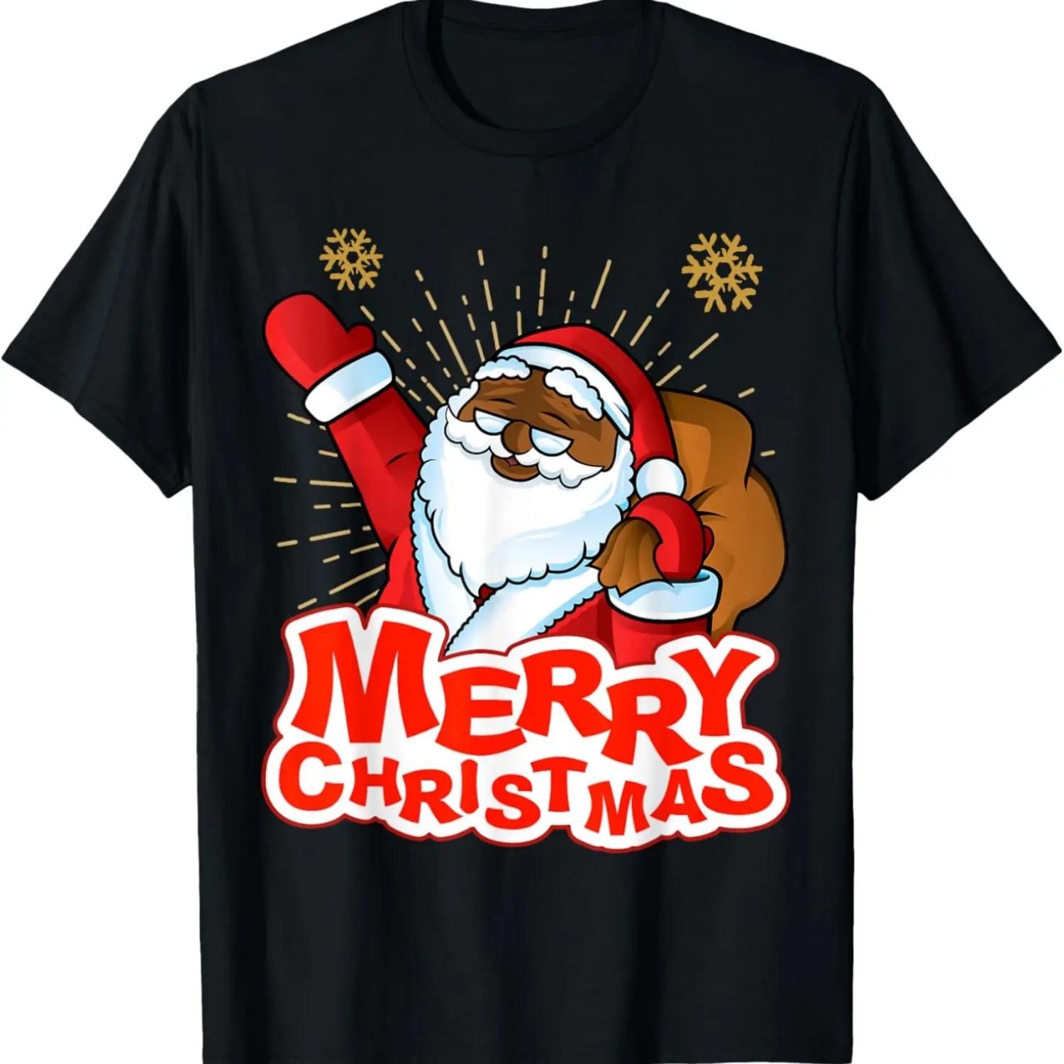 Joyful Black Merry Christmas Santa Claus T-Shirt S