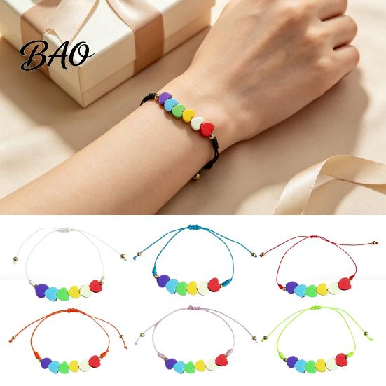 Fashionable Stackable Bracelet Colorful Hearts Bracelet, Handmade Braided Cord String Adjustable Sweet Aesthetic Hand Ornament Heart Shaped Clay Beads