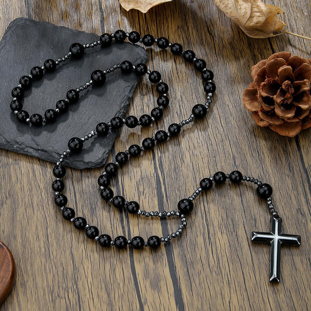 Natural Stone Black Agate Tigers Eye Cross Necklace For Men Hip Hop Jewelry
