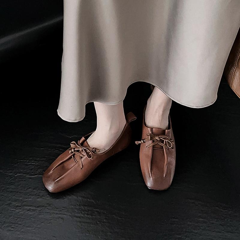 Fashion NEW Spring/Autumn Women Pumps Genuine Leather Shoes for Women Square Toe Low Heel Shoes Concise Soft Comfort Lace-up Daily Shoes
