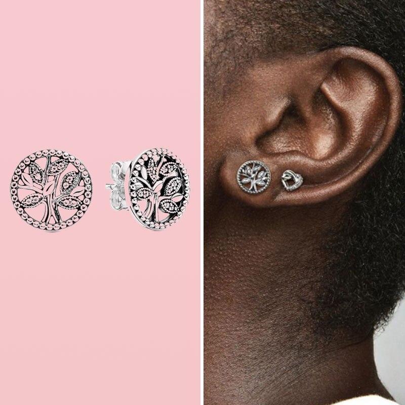 Sterling Tone Pendiente Sparkling Family Tree Stud Earrings Earrings Fit Earrings For Women Fine JewelryTrendy Stud