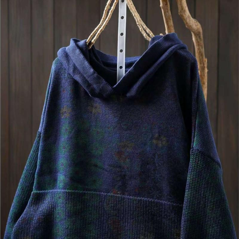 Johnature Women Vintage Print Floral Hooded Sweaters Knitted Long Sleeve Spring Patchwork Female Pullover Sweaters