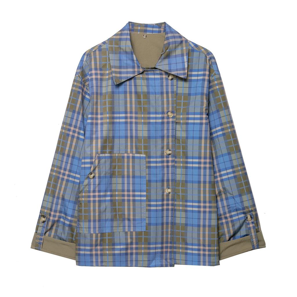European and American Women's Clothing Popular Fashion Casual Retro British Plaid Double-sided Wear Lapel Scarf Jacket