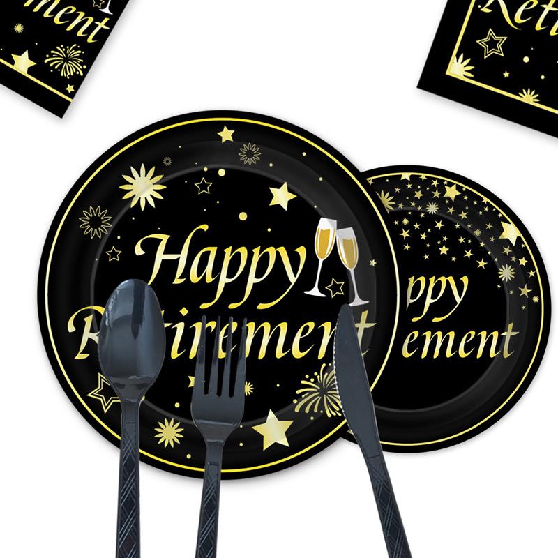 Schwarz und Gold Ruhestand Happy Thema Einweg Pappteller Pappbecher Serviette Tischdecke Party Set Arrangement Zubehör