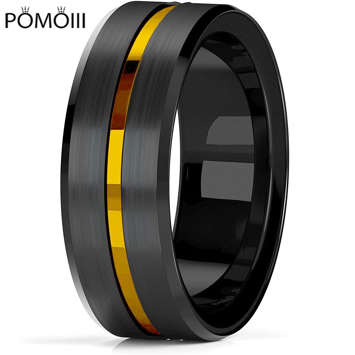 

Trendy 8mm Gold Groove Beveled Edge Black Tungsten Wedding Rings For Men Black Brushed Steel Engagement Ring Men s Wedding Band