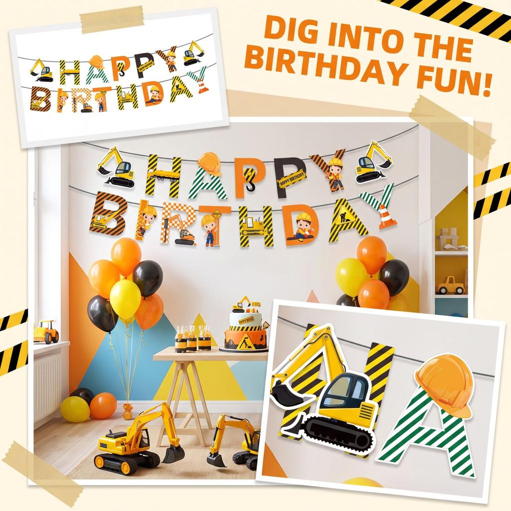 Excavator Construction Birthday Party, Striped Engineering Vehicle Bunting Decoration