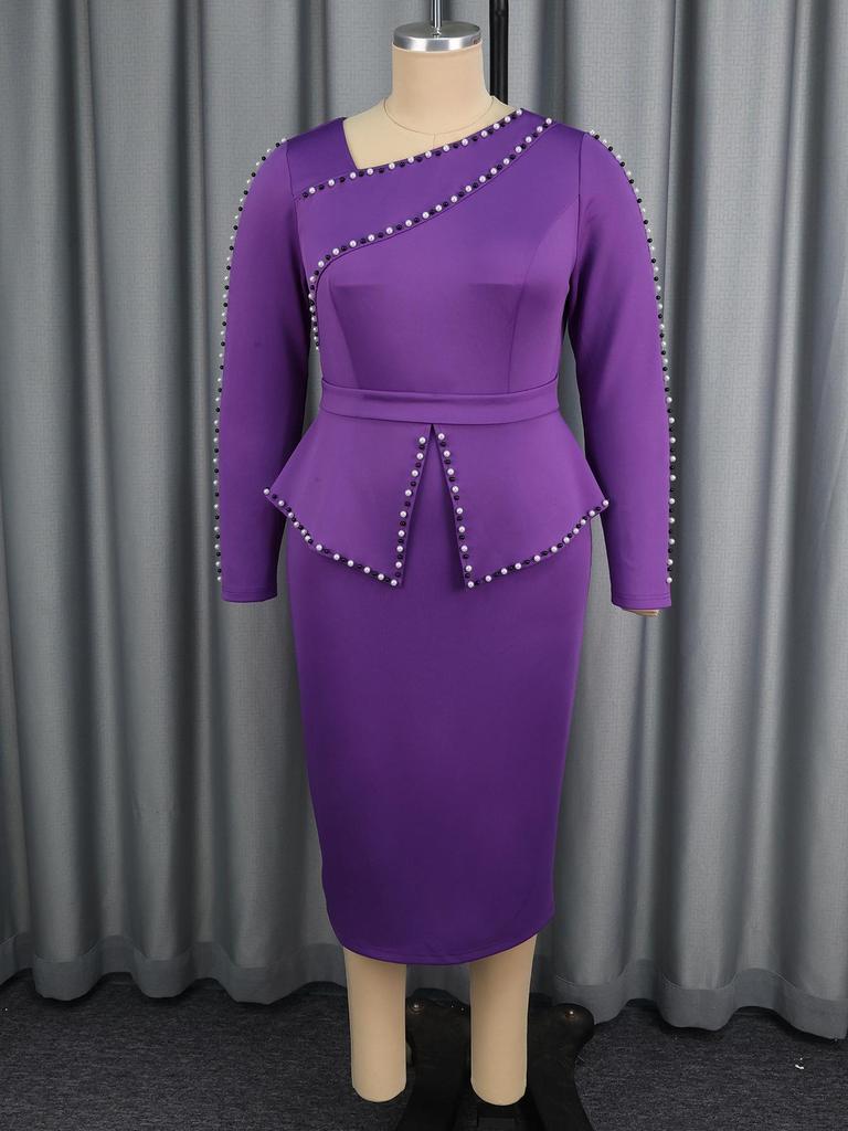 Plus-Size Beaded Ruffle Long Sleeve Bodycon Dress - Elegant and Slimming for Banquets and Commuting
