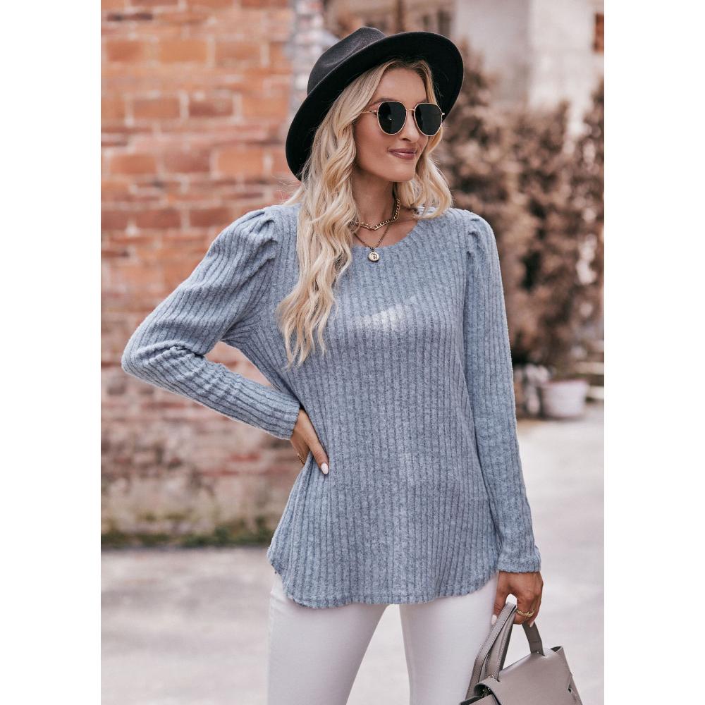 Höst och vinter damtröja med rund hals, bubbelärm Sliten Pit Stripe Enfärgad långärmad topp